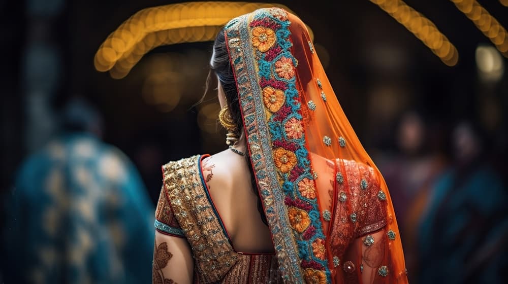 Bride in orange dupatta with gold embroidery and mehndi