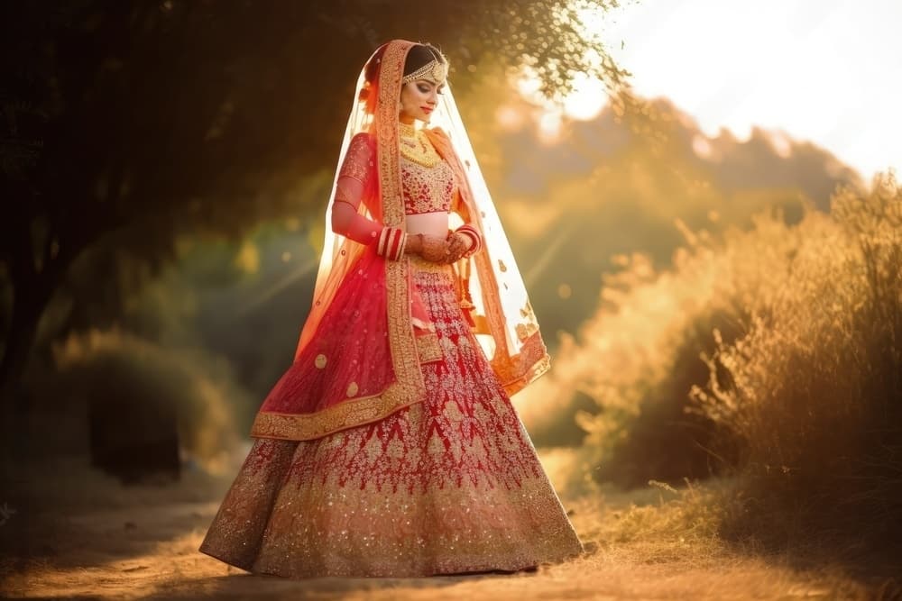 Bride in red and gold lehenga in golden hour light