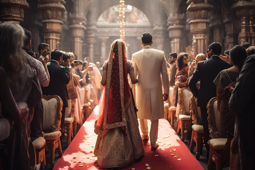 Women in colourful lehengas at a wedding celebration